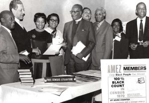 Nampeo (third from left) with AME Zion Church members in Los Angeles, Calif., in 1969. She headed a U.S. Census Bureau program designed to increase participation of blacks in the 1970 U.S. census by reaching out to national African-American organizations.