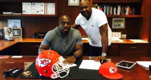 NFL agent Greg Barnett, right, after his client, Kansas City's Justin Houston, signed the largest contract for a linebacker in league history. (Courtesy of Greg Barnett)