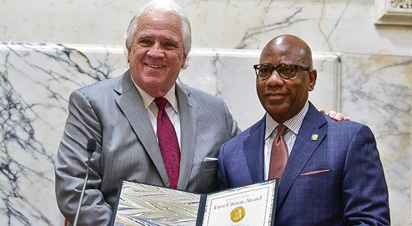 President of the Maryland Senate Thomas V. Mike Miller Jr. honored Morgan State University President David Wilson with the 2018 First Citizen Award