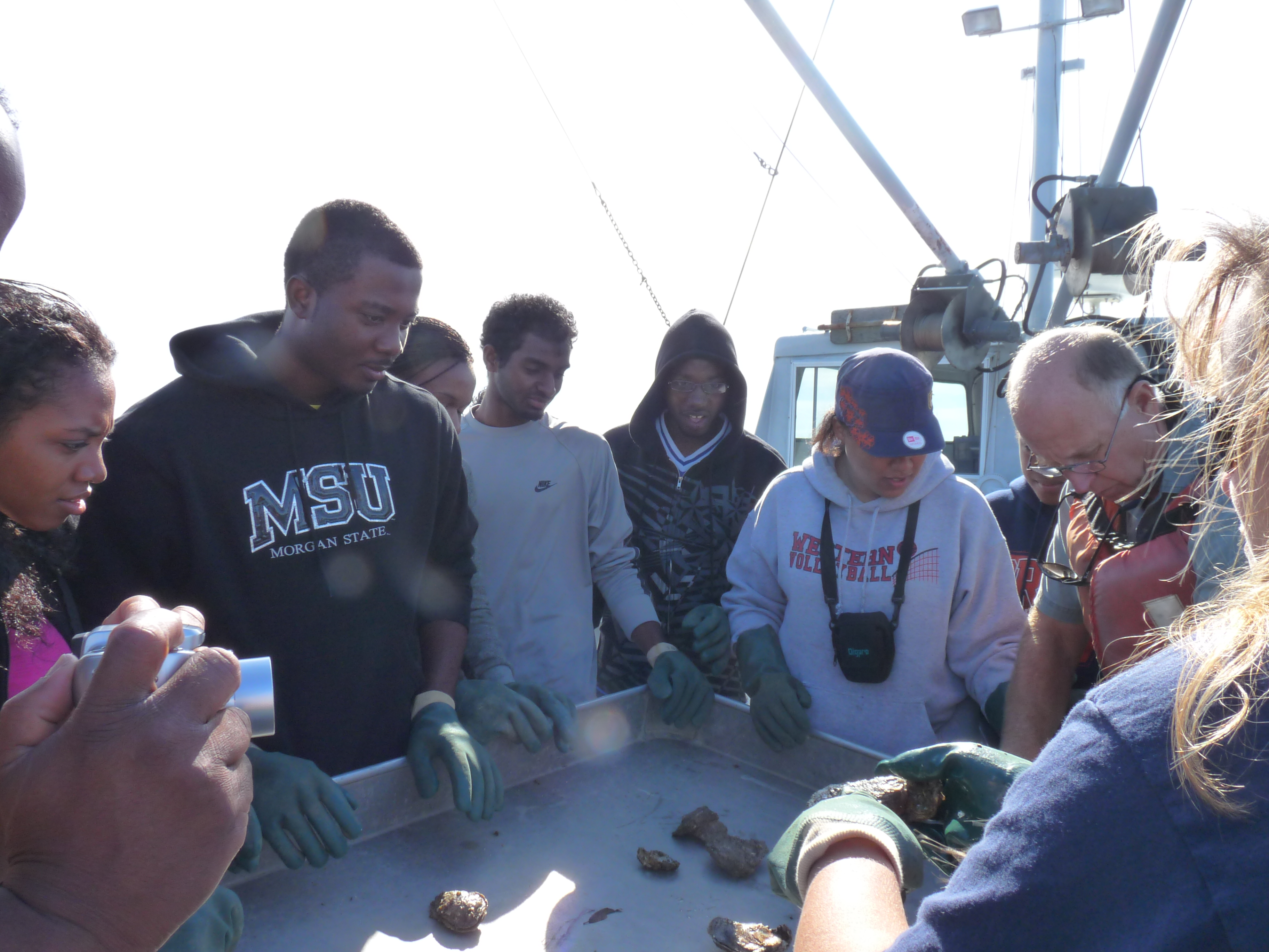 students surrounding oyster bin students surrounding oyster bin